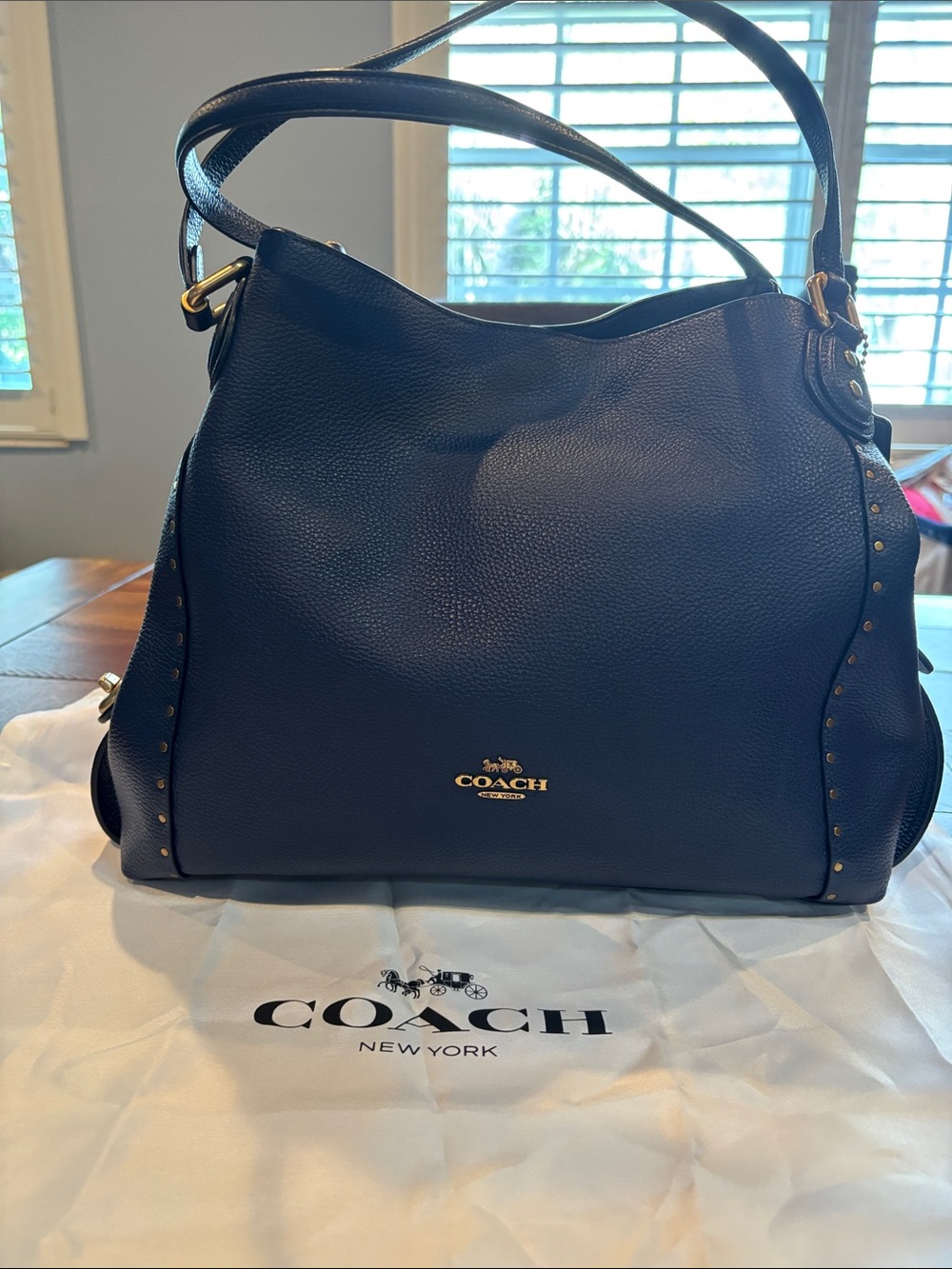 COACH Navy Edie Pebbled Leather Hobo Shoulder Bag with Gold Hardware NWOT
